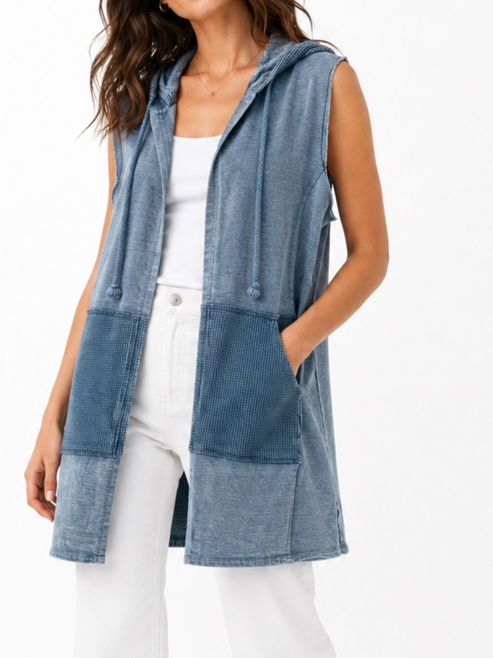 THREE HEARTS Heathered Slate Blue Hooded Vest Jacket w Big Pockets & Hood